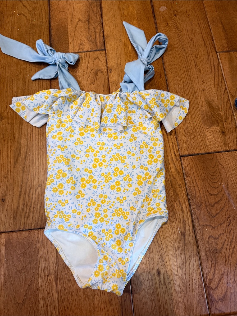 Cecil and Lou 3T Yellow Floral One-Piece Swimsuit with Blue Tie Straps